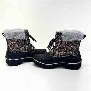 Magellan Outdoors Girls Faux Fur Snow Boots Black Multicolor Glitter Size 4